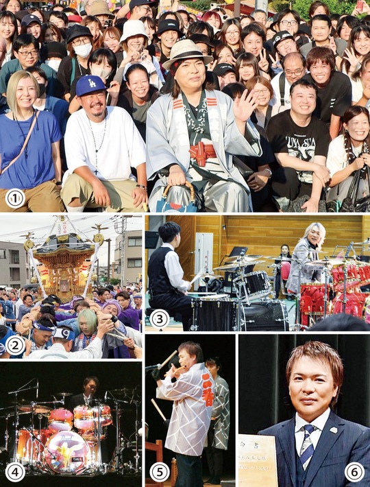 【1】秦野たばこ祭での真矢さん。ファンとの最後の交流となった（2025年9月）【2】お祭りに積極的に参加（24年9月たばこ祭）【3】母校の本町中で生徒とセッション（24年3月）【4】【5】【6】はだのふるさと大使の任命書授与式（23年5月）