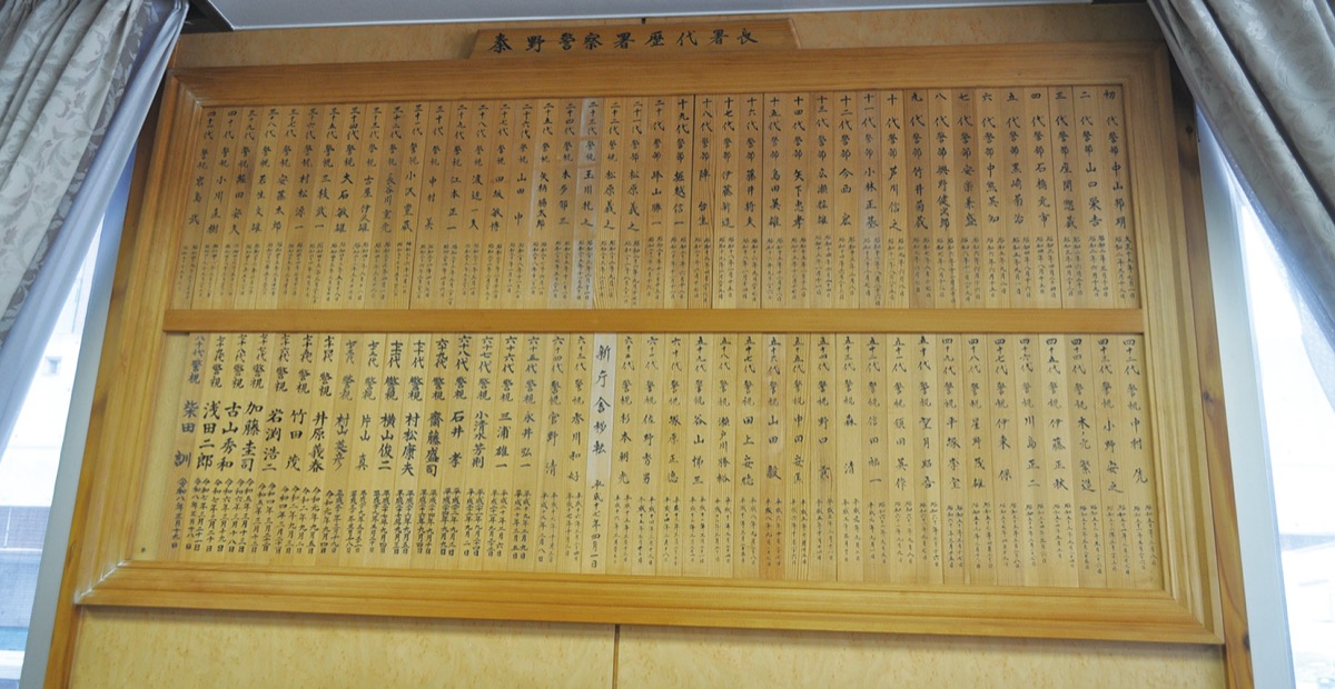 署長室には、歴代の署長の名前が刻まれた木札が飾られている